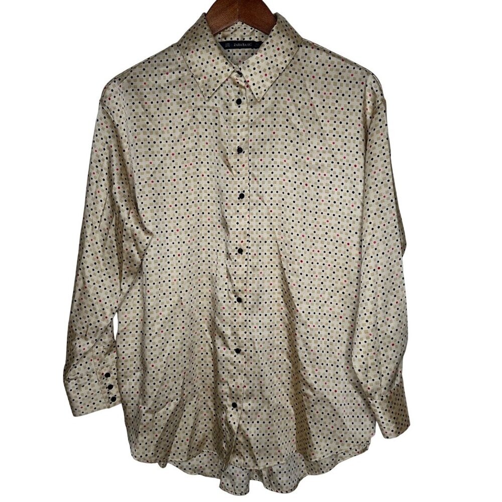 Zara Basics polyester geometric gold button up‎ blouse Sz M